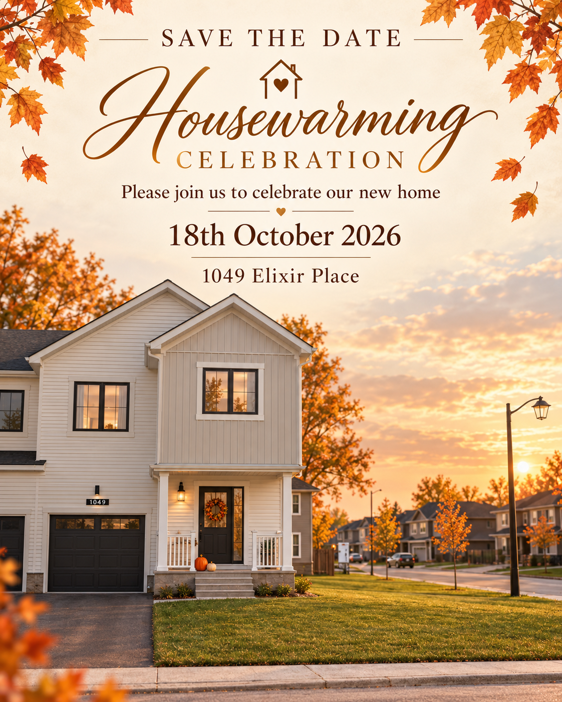 Fall leaves frame our housewarming invitation: please join us to celebrate our new home, October 18, 2026, at 1049 Elixir Place.